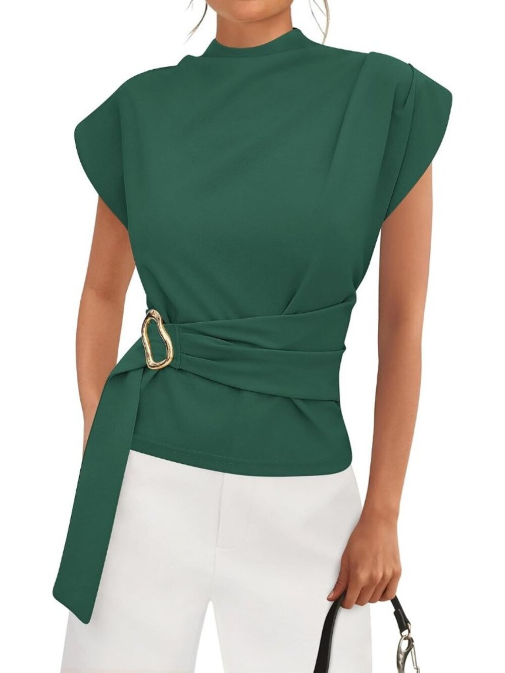 Women's Green Mock Neck Cap Sleeve Blouse Belted Business Casual Office Top - Picture 1 of 6